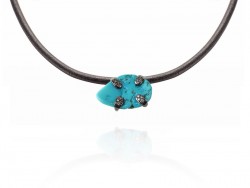 Leather necklace, silver and natural turquoise with shiny black