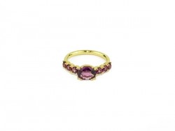Yellow gold ring with central Rhodolite and 6 side Rodolitas