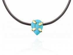 Leather necklace, yellow gold and natural turquoise.