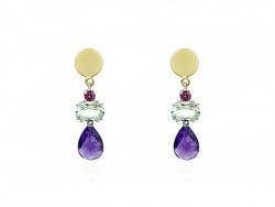 Earrings of yellow and silver gold, with Rodolites, Amethyst green and Amethyst knobs.