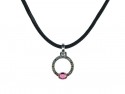 Pendant silver and yellow gold, with central rhodolite and 7 shining black 0.02cts. Mounted on black silk cord.