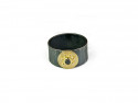 Oxidized silver ring, striped texture with center in 750mm yellow gold and brilliant cut black diamond.