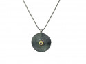 Silver rhodium-plated spiral pendant with 750mm yellow gold center, with dark silver chain.