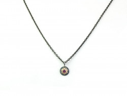 Matte rusty silver pendant with 750mm rose gold center and natural Ruby with dark silver chain.