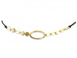 Necklace formed by center of matte vague and polished yellow gold plates, mounted with black cotton cord and gold clasp.