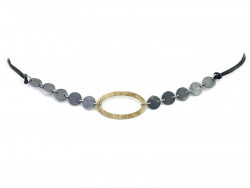 Necklace formed by center of matt vague and satin silver plates, mounted with black cotton cord and gold clasp.