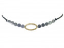 Necklace formed by center of matt vague and satin silver plates, mounted with black cotton cord and gold clasp.