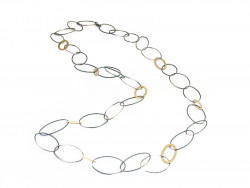 Long necklace satin silver vague and 7 matt gold vases interspersed with two different sizes. Total measurement 86cms.