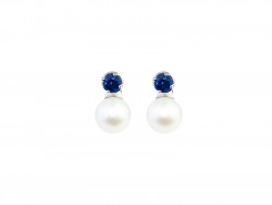 Pendientes con zafiro azul y pareja de perlas de agua dulce de 8.50mm.