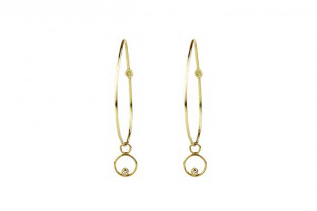 Yellow gold thread earring with round pendant and 1 brilliant