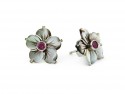 White gold earrings, ruby flower and pearl gray.