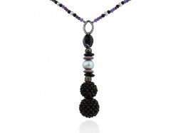 Amethyst necklace with pendant stones, pieces of silver, pearls, seed ball and resin disks.