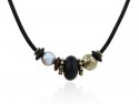 Leather necklace with pearl and onyx pieces of silver.
