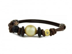 Leather and rubber bracelet with Australian pearl Golden and shiny gold motif.